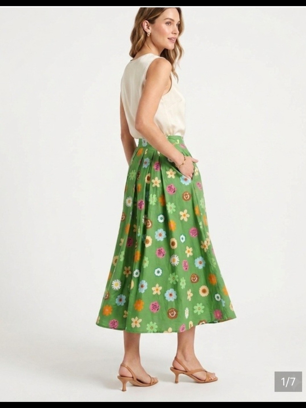 Tulip B NWT Green Floral A-Line Midi Lined Skirt with Pockets Size Large - Picture 2 of 4